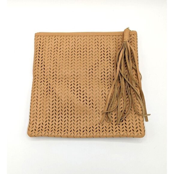 B-Low The Belt Boutique Punched Leather Tasseled Foldable Bohemian Clutch Bag - Picture 1 of 4